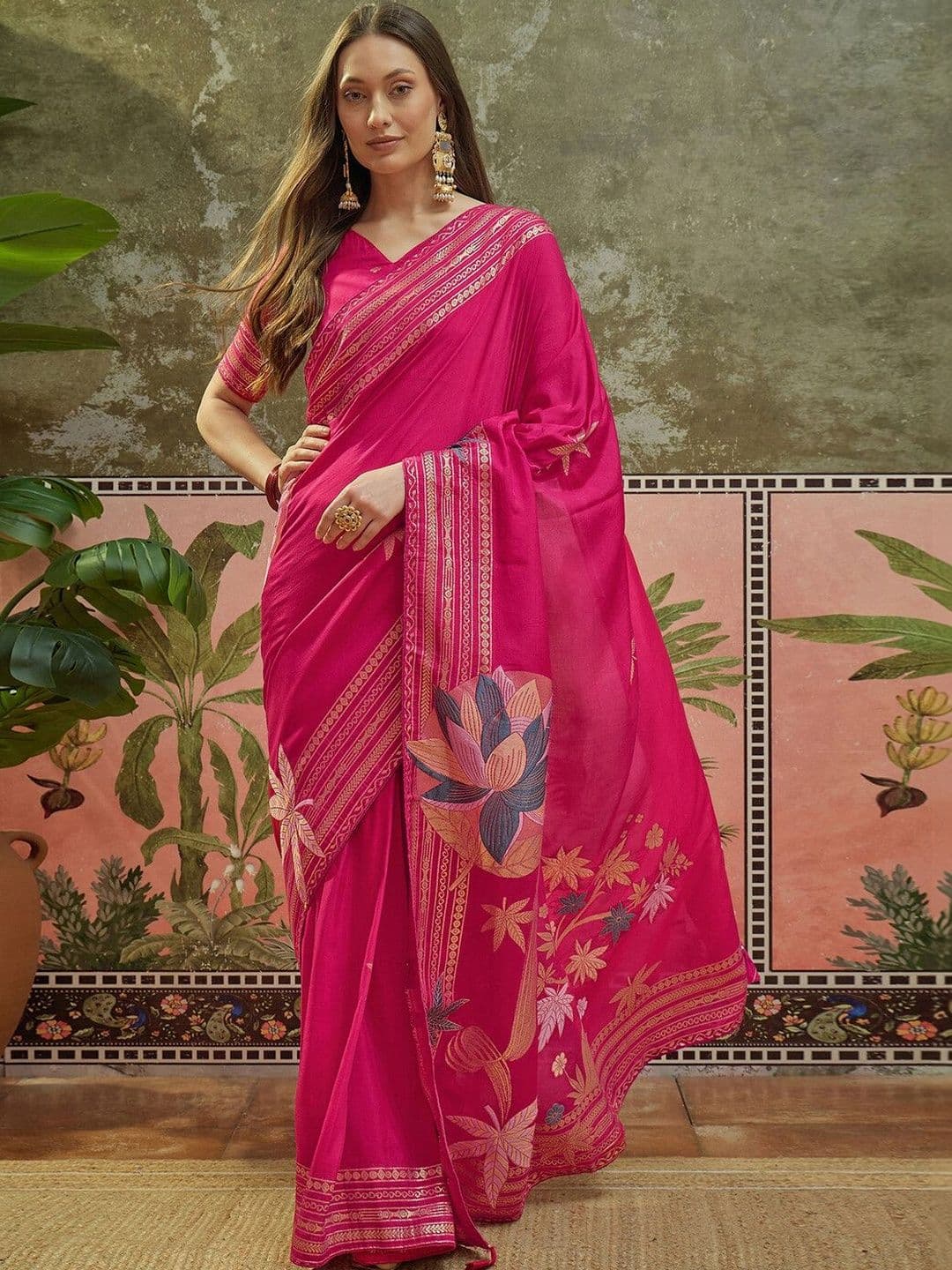 Sangria Floral Embroidered Saree with Blouse Piece - view 1