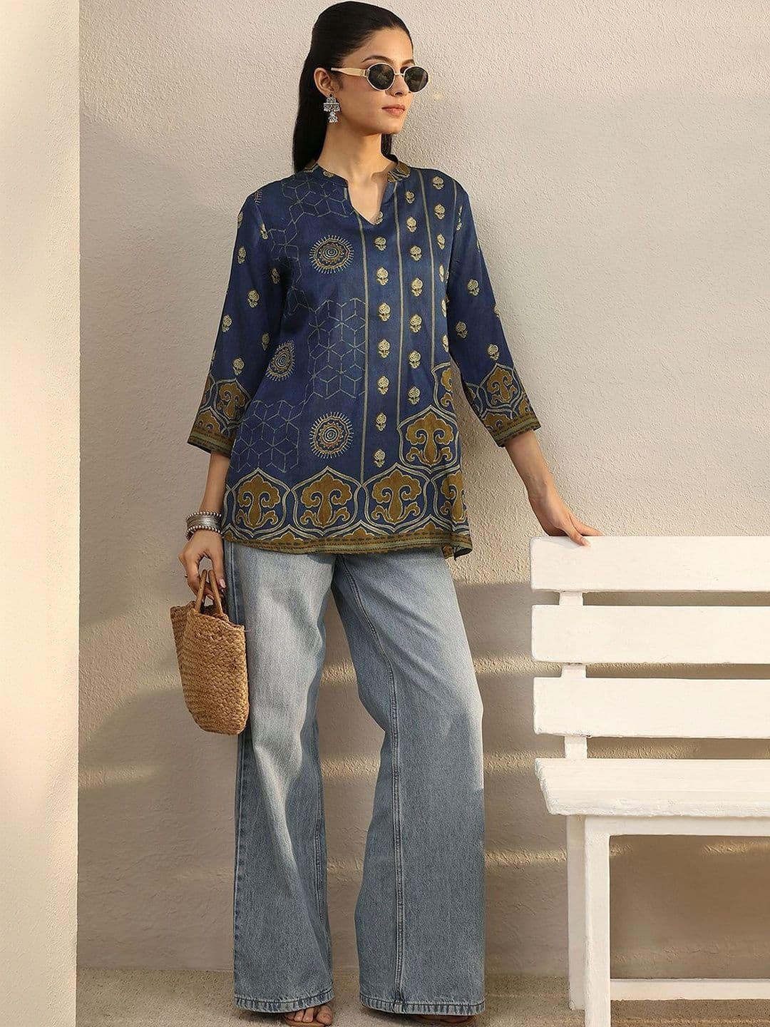 Libas Blue Ethnic Printed Straight Short Kurti - view 1