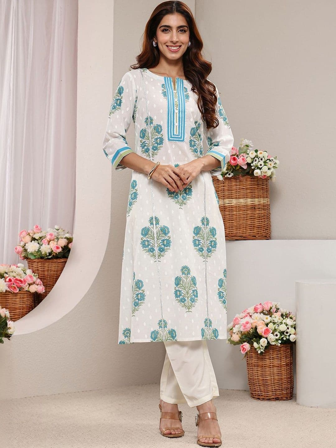 Libas White Floral Printed Cotton A-line Kurta - view 1