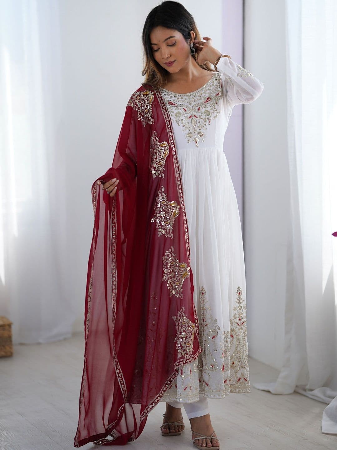 HERE&NOW Ethnic Motifs Embroidered Pleated Sequinned Kurta with Churidar & With Dupatta - view 1