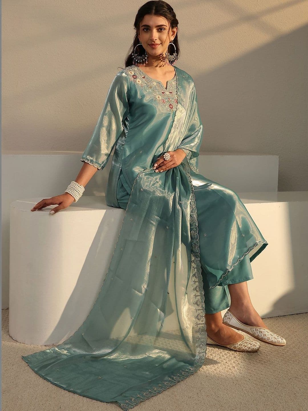Libas Blue Floral Embroidered Tissue Straight Suit Set - view 1