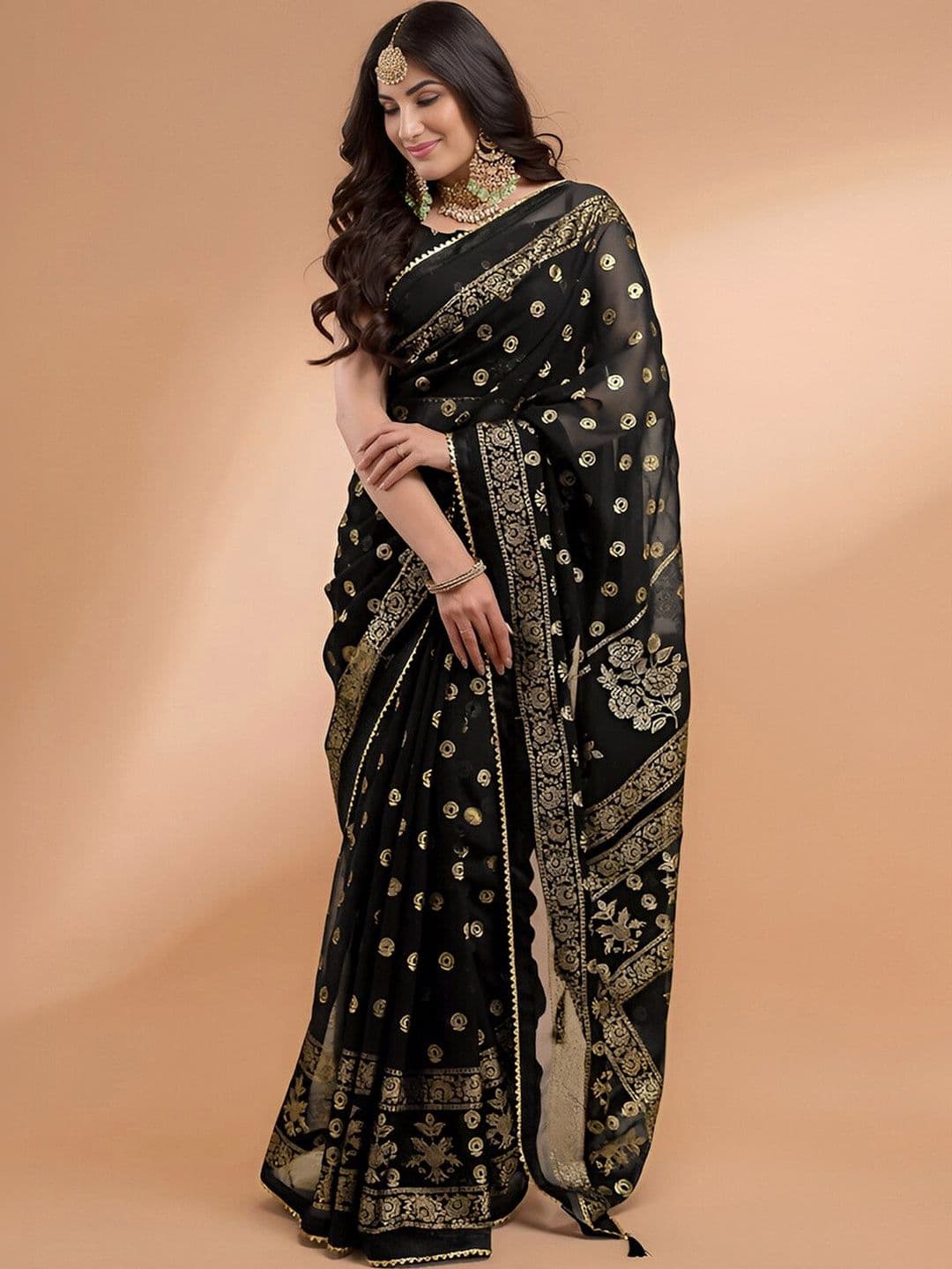 HERE&NOW Ethnic Motifs Zari Pure Georgette Heavy Work Saree - view 1