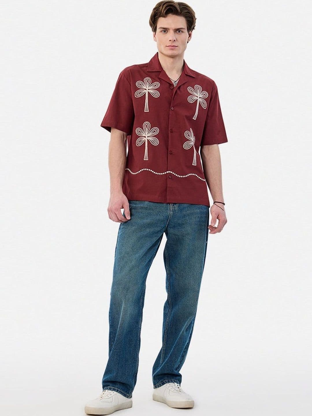 SZN Men Maroon Embroidered Short Sleeves Shirt - view 1