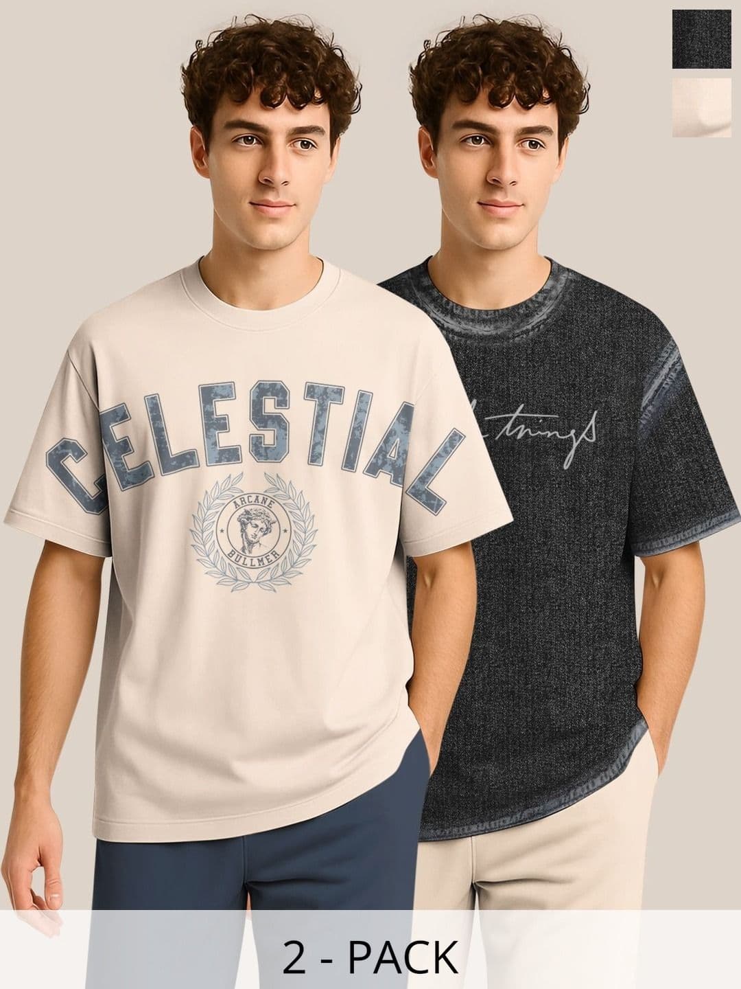 BULLMER Pack Of 2 Typography Printed Crew Neck Drop Shoulder Oversized T-shirts - view 1