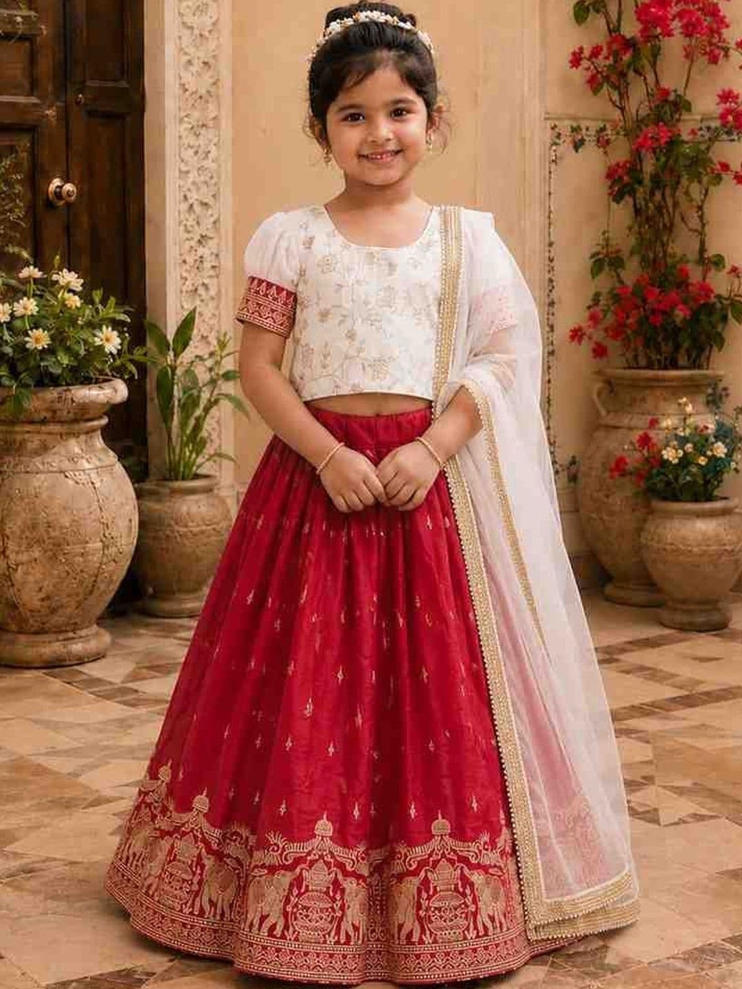 KALINI Girls Embroidered Thread Work Tie and Dye Semi-Stitched Lehenga & Blouse With Dupatta - view 1