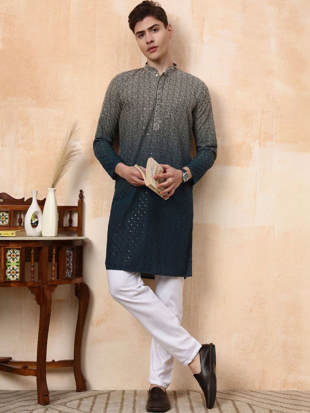 Dincharya Men Ethnic Motifs Embellished Sequinned Kurta - view 1