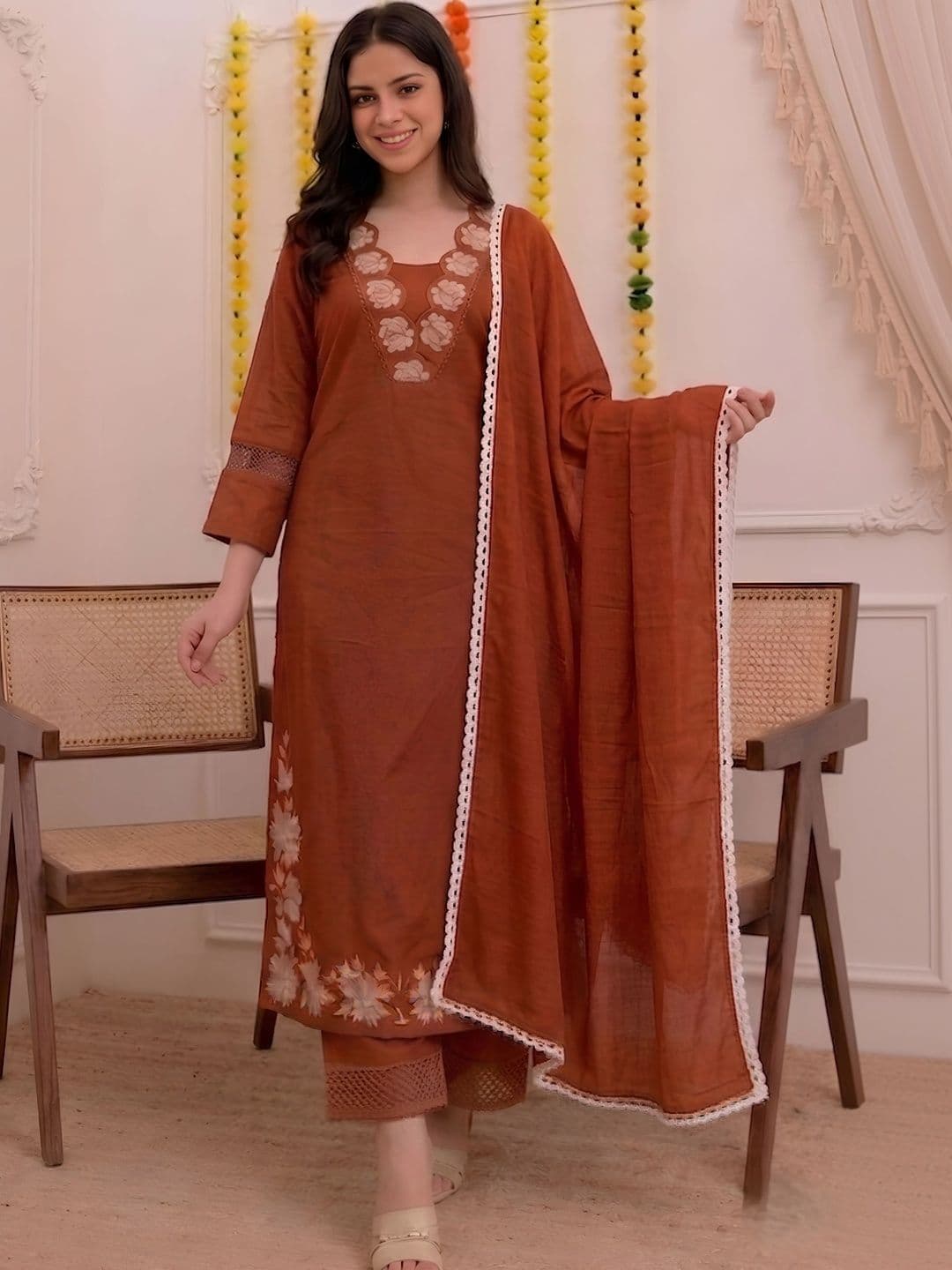 Moda Rapido Women Floral Embroidered Regular Thread Work Raw Silk Kurta with Trousers & With Dupatta - view 1