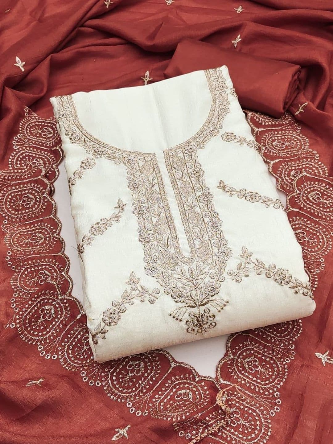 Rangtulika Ethnics Embroidered Art Silk Unstitched Dress Material - view 1