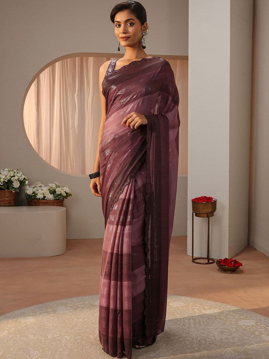 Libas Mauve Striped Printed Chiffon Saree - view 1