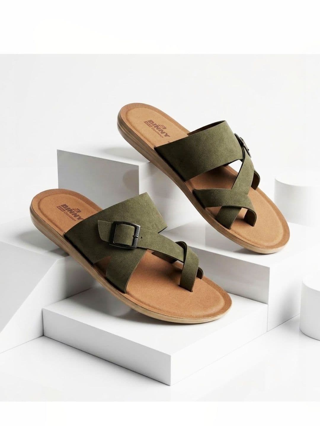 Binny Men Olive Synthetic Comfort Toe-Ring Sandals With Buckle Strap - view 1