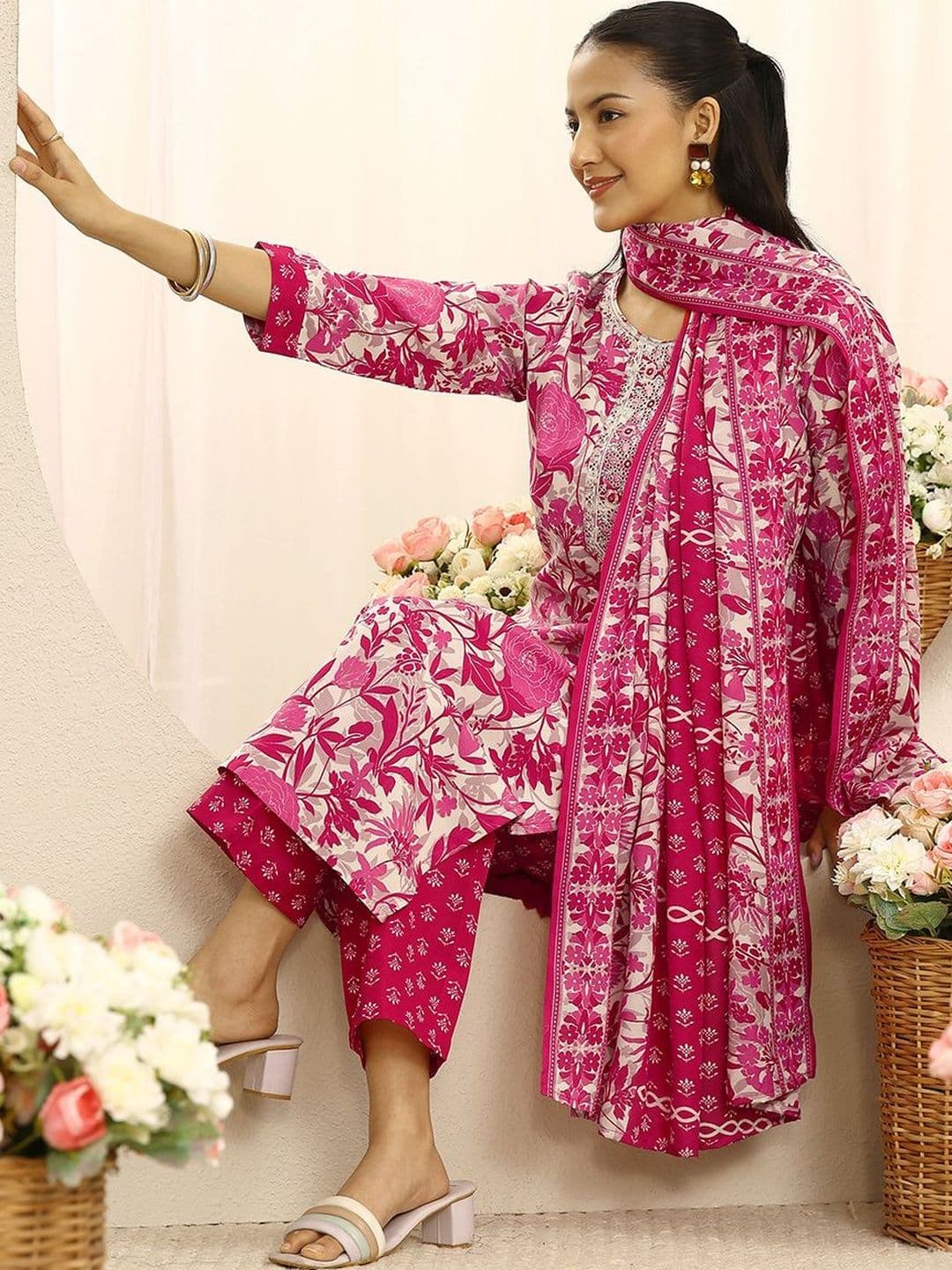 Gerua By Libas Women Floral Printed Regular Thread Work Kurta with Trousers & With Dupatta - view 1