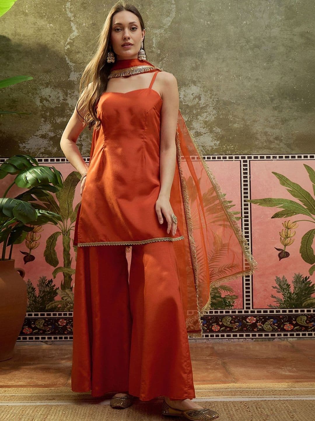 Sangria Embroidered Shantoon Shoulder Straps Kurti & Palazzos With Dupatta - view 1