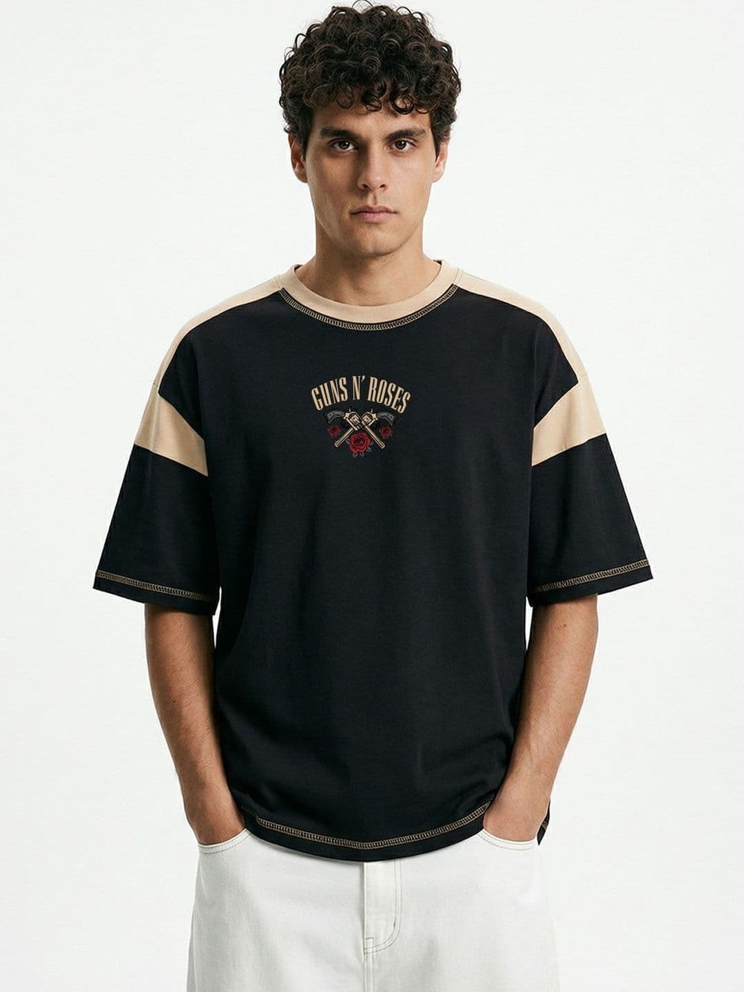 Crazymonk Men Gun Roses Black Beige Typography Printed Extended Sleeves Oversized Fit T-shirt - view 1
