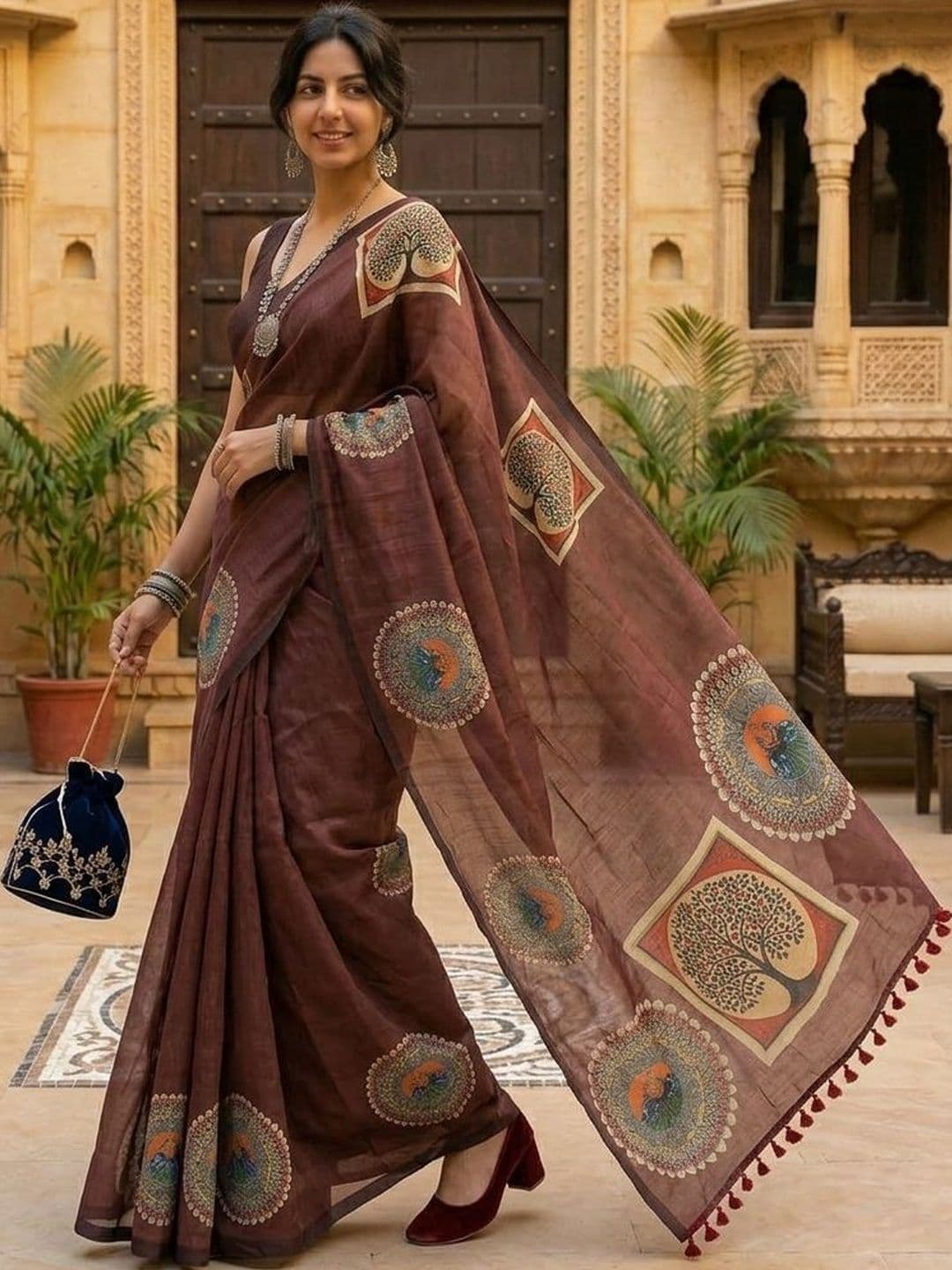 AANVI Kalamkari Art Silk Handloom Block Print Saree - view 1