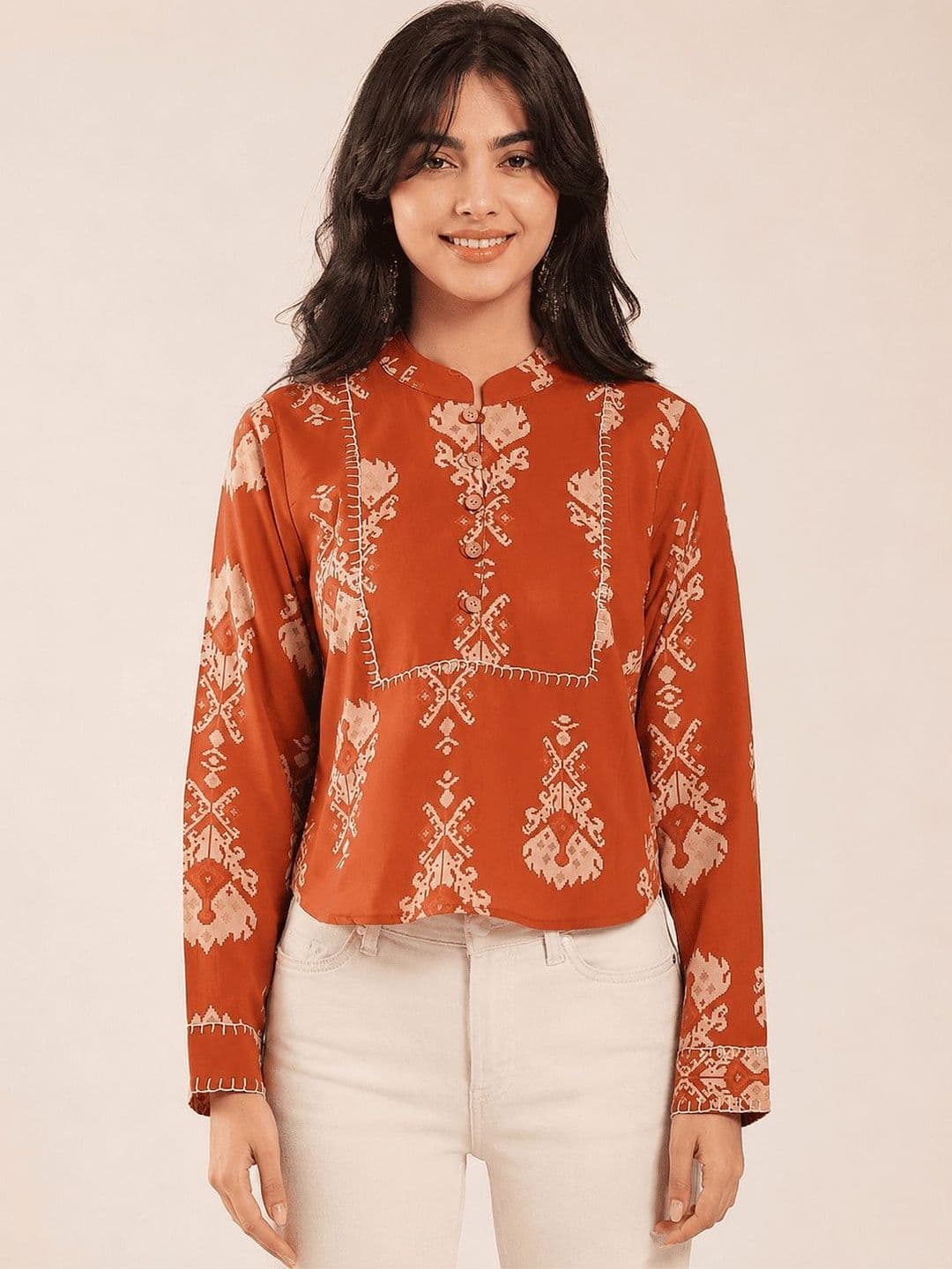GULMEHAK Print Mandarin Collar Ethnic Cotton Top - view 1