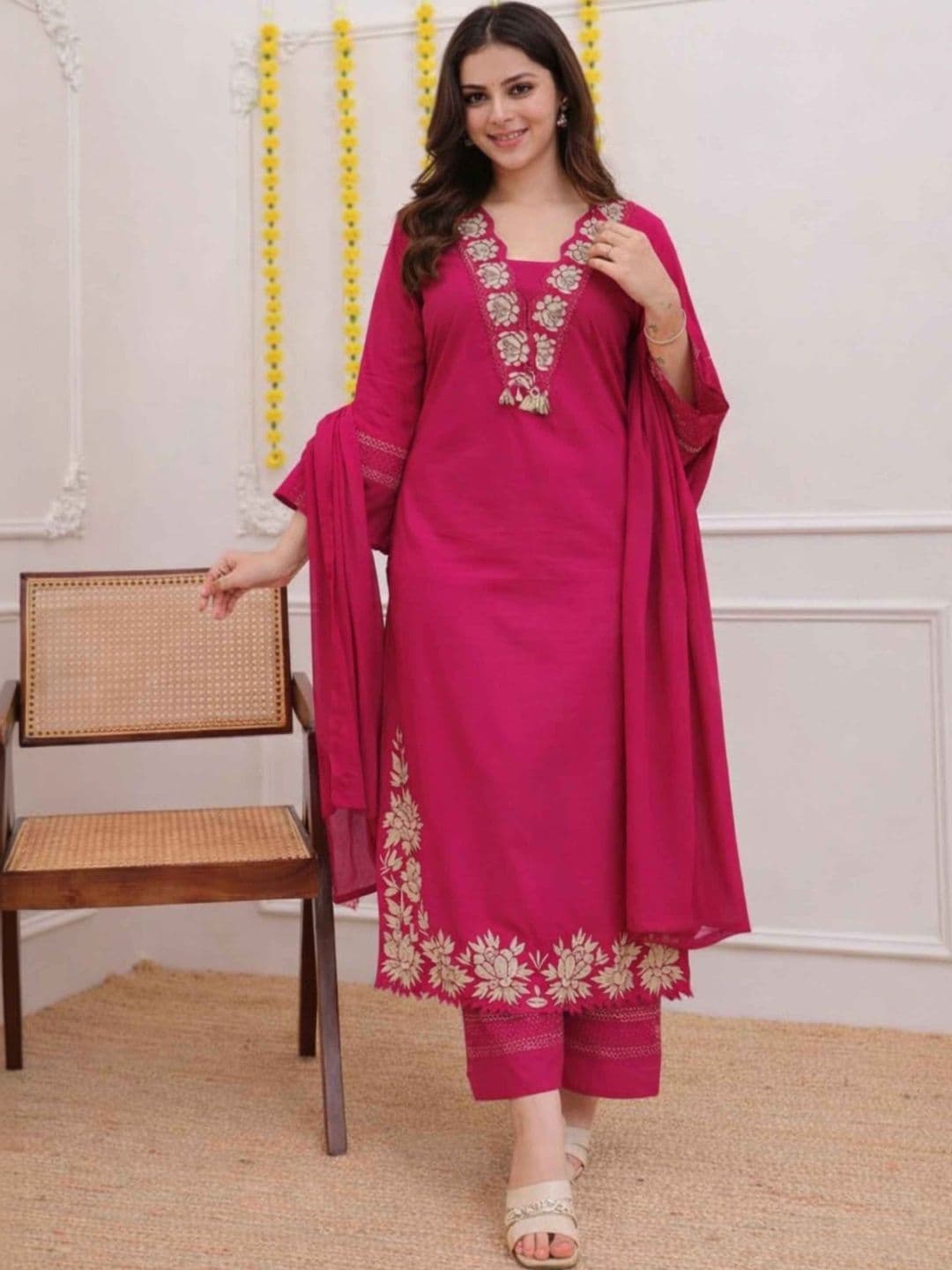 Moda Rapido Women Ethnic Motifs Embroidered Regular Thread Work Raw Silk Kurta with Trousers & With Dupatta - view 1