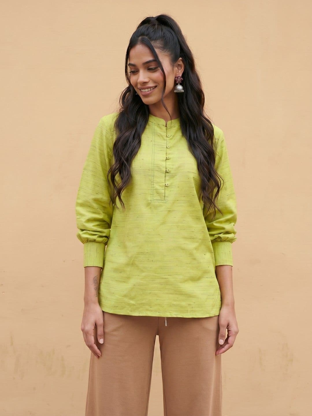 fusion by glitchez Mandarin Collar Cuffed Sleeves A-Line Republic Day Kurti - view 1