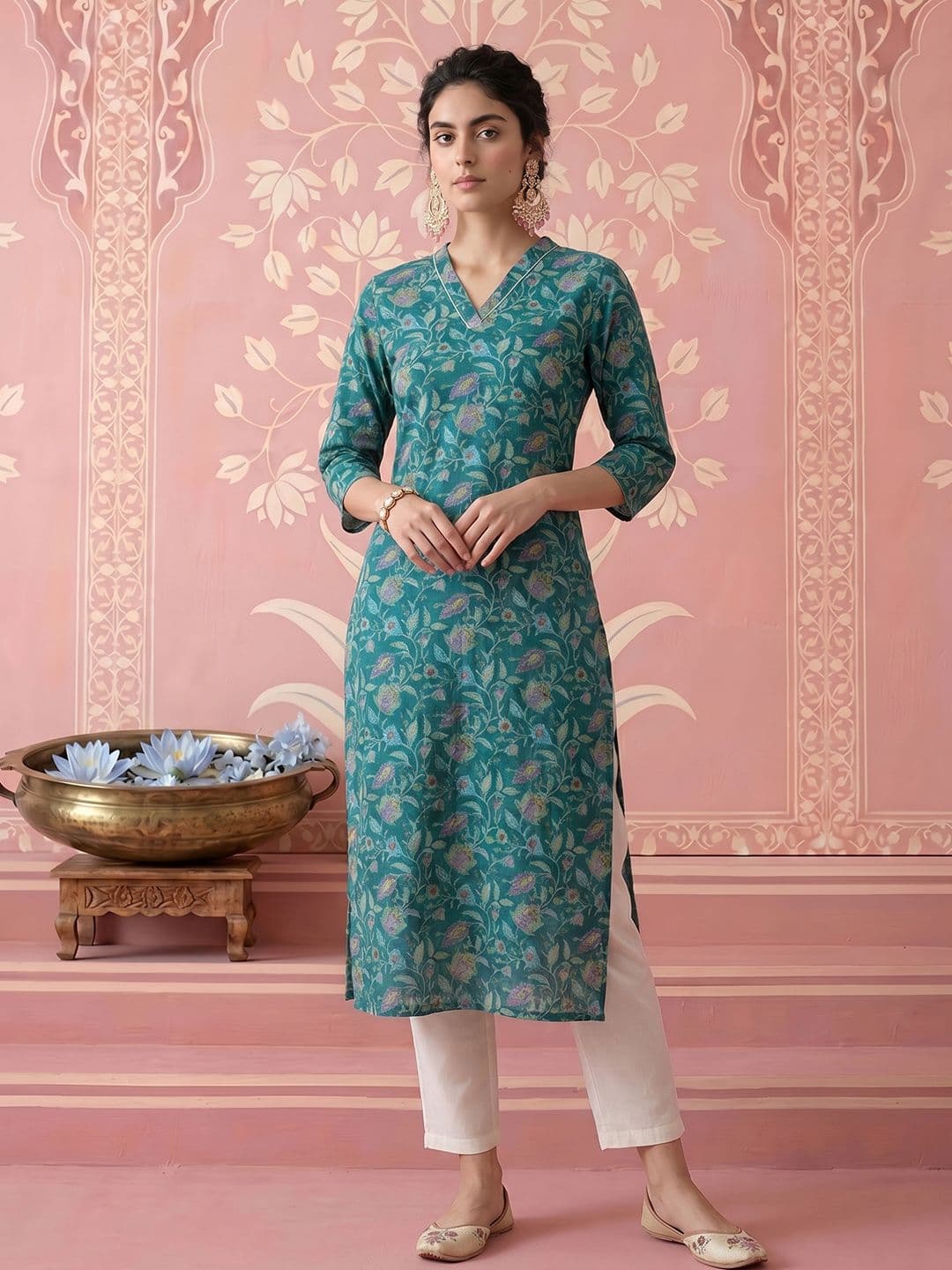 NAVYAAZRI Women Ethnic Motifs V-Neck A-Line Cotton Kurta - view 1