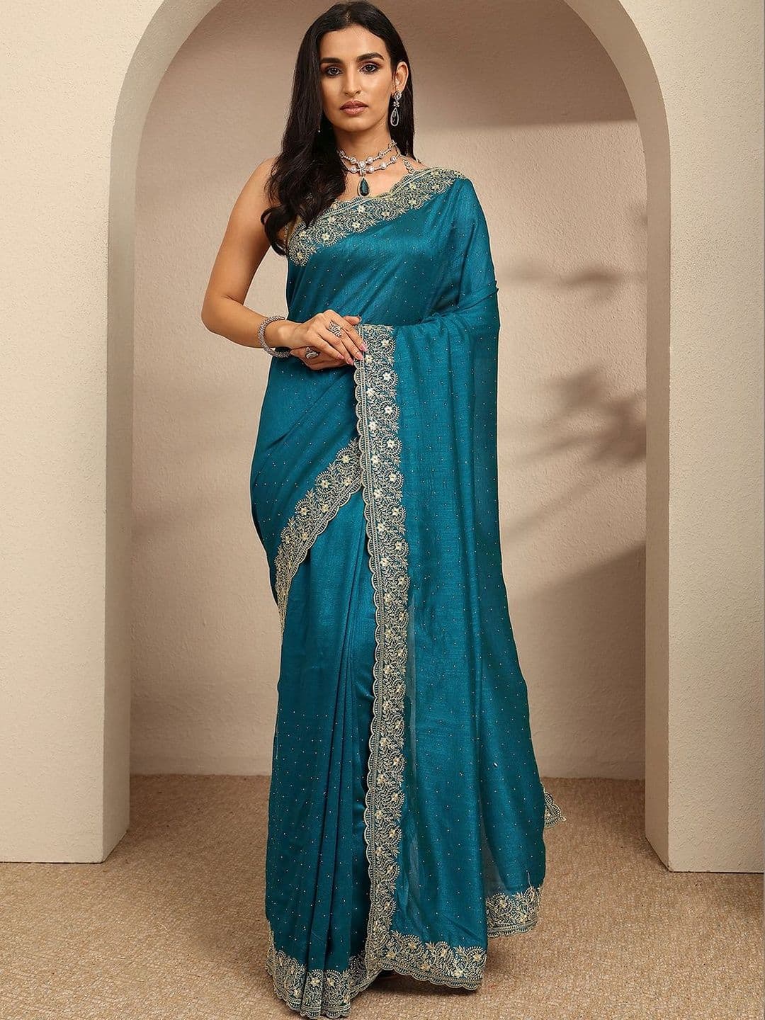 Libas Blue beads embellished saree with zari embellished border and a blouse piece - view 1