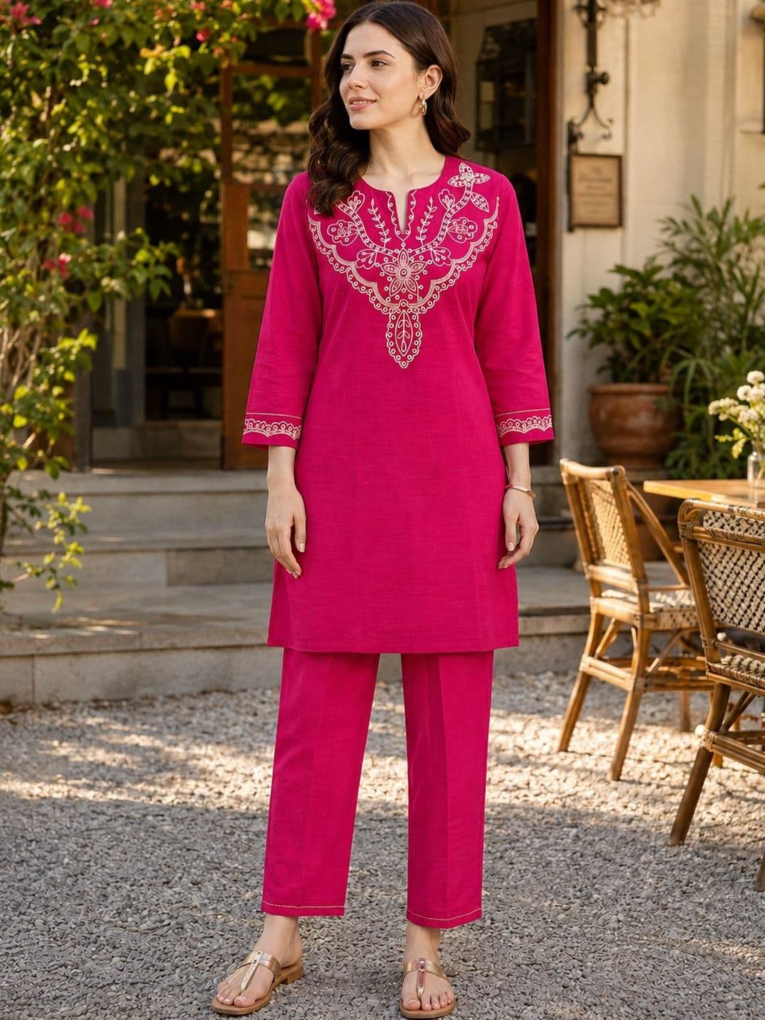 Nayam By Lakshita Solid Embroidered Tunic with Trousers Co-Ord Set - view 1