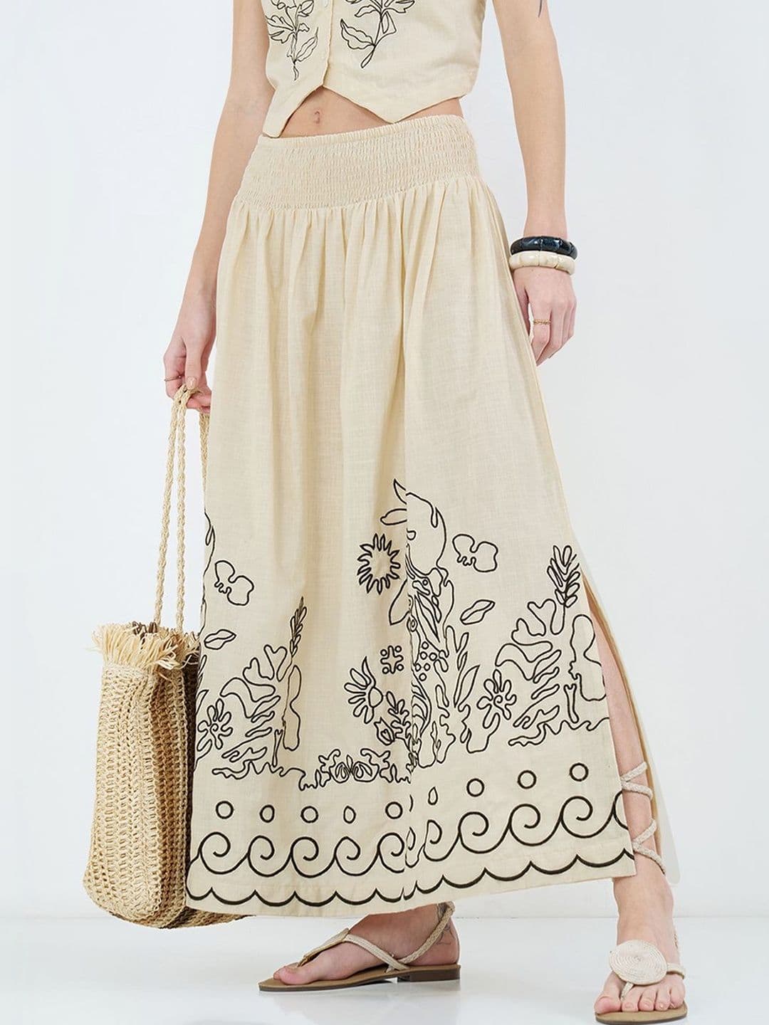 AKKRITI BY PANTALOONS Women Cotton Cambric Floral Side Slit Maxi A-Line Skirt - view 1