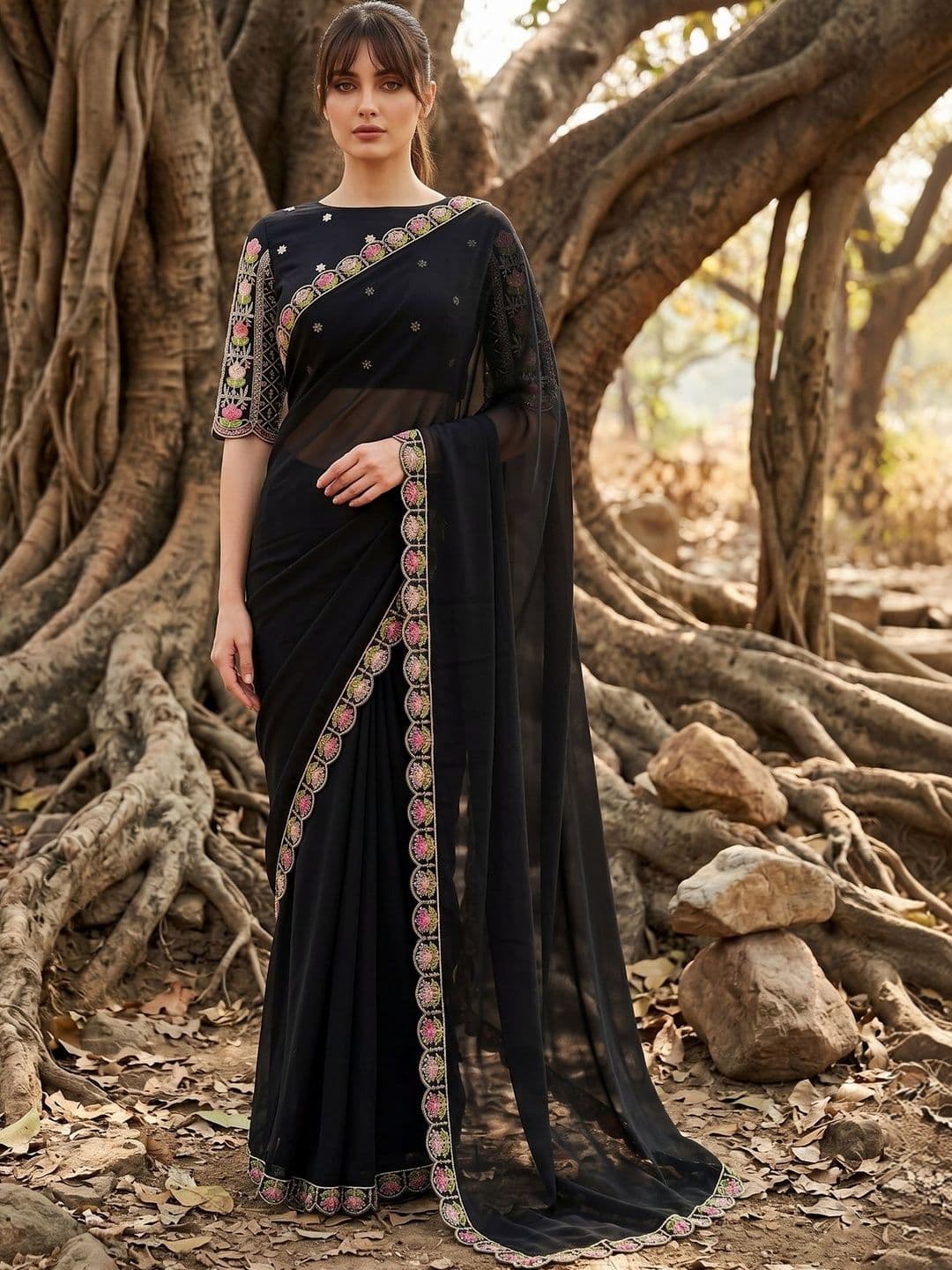 FABLAND Floral Embroidered Pure Georgette Heavy Work Saree - view 1