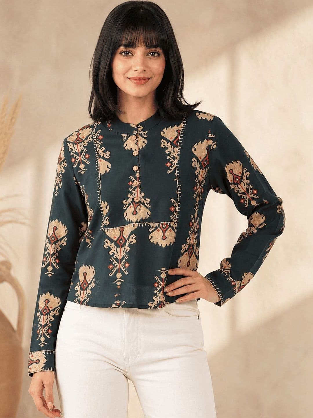 GULMEHAK Ethnic Motifs High Neck Crop Top - view 1