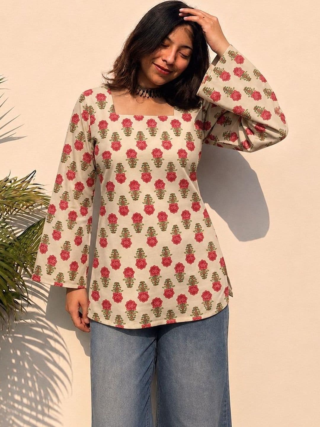 JAHIDA COMFORT WITH STYLE Floral Printed Square Neck Flared Sleeves Pure Cotton Kurti - view 1