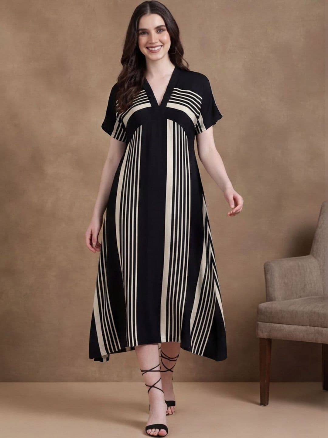 BLACK & BLAH BLAH Striped V-Neck A-Line Ethnic Dresses - view 1