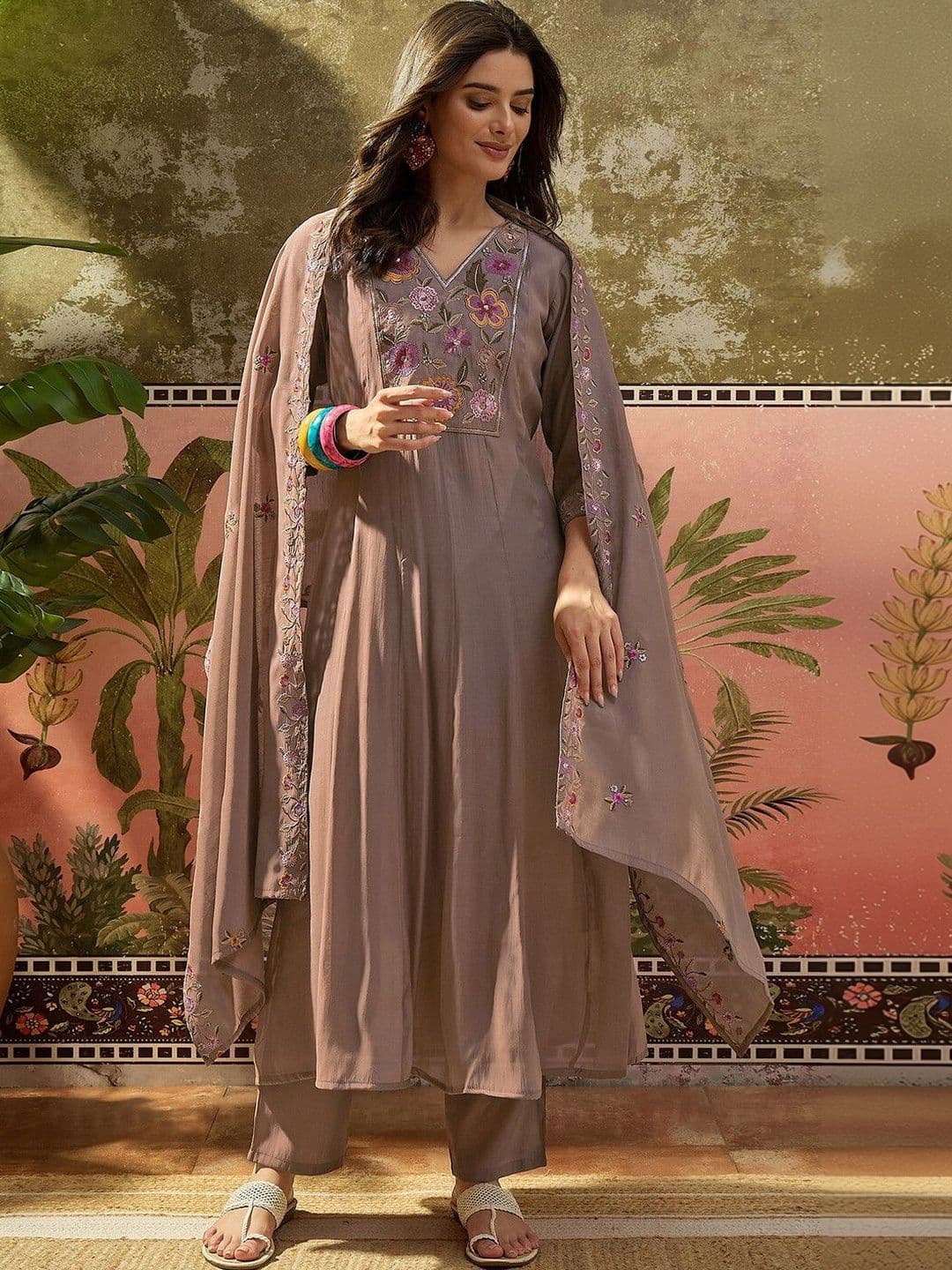 Sangria Women Floral Embroidered Regular Thread Work Chanderi Cotton Kurta with Palazzos & With Dupatta - view 1