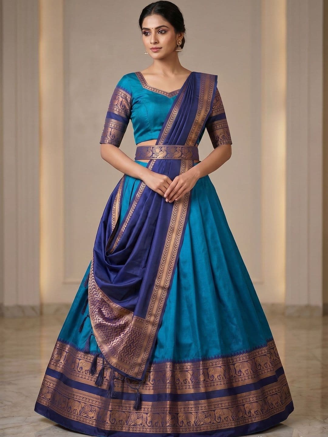 SHAVIDR ENTERPRISE Embellished Block Print Ready to Wear Lehenga & Blouse With Dupatta - view 1