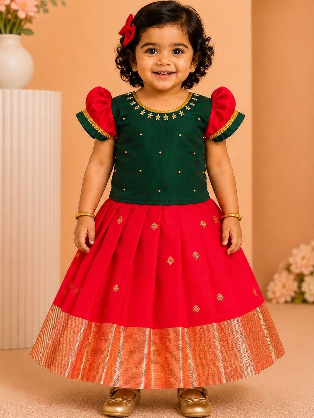 Babypattu Girls Embellished Beads and Stones Ready to Wear Lehenga & - view 1