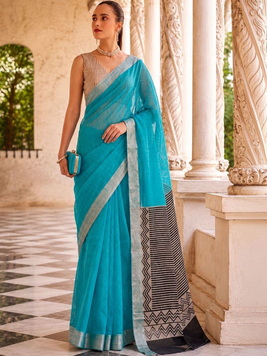 Varutex Woven Design Linen Blend Handloom Khadi Saree - view 1