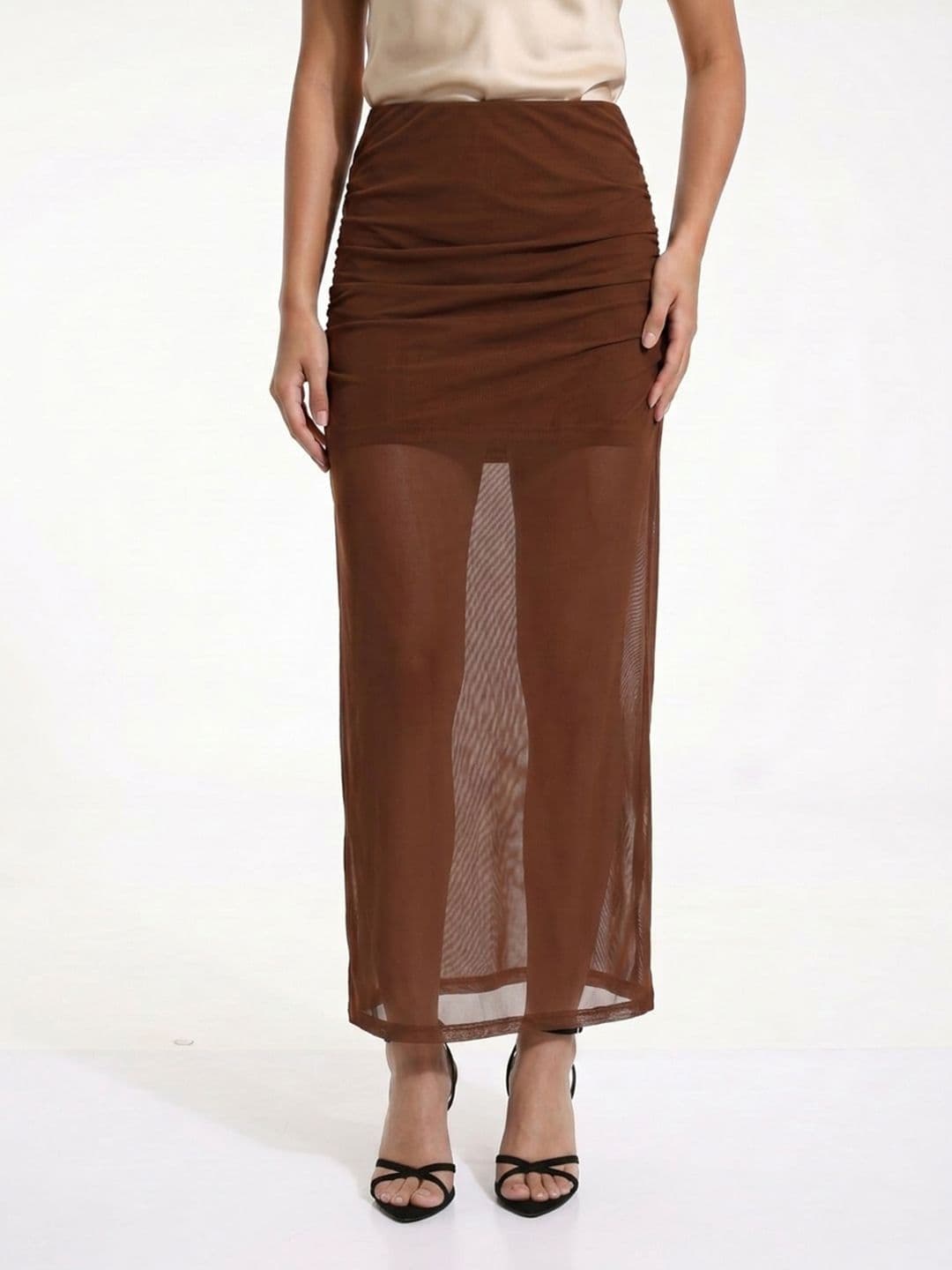 glitchez Women Net Ruched Side Slit Maxi Straight Skirt - view 1
