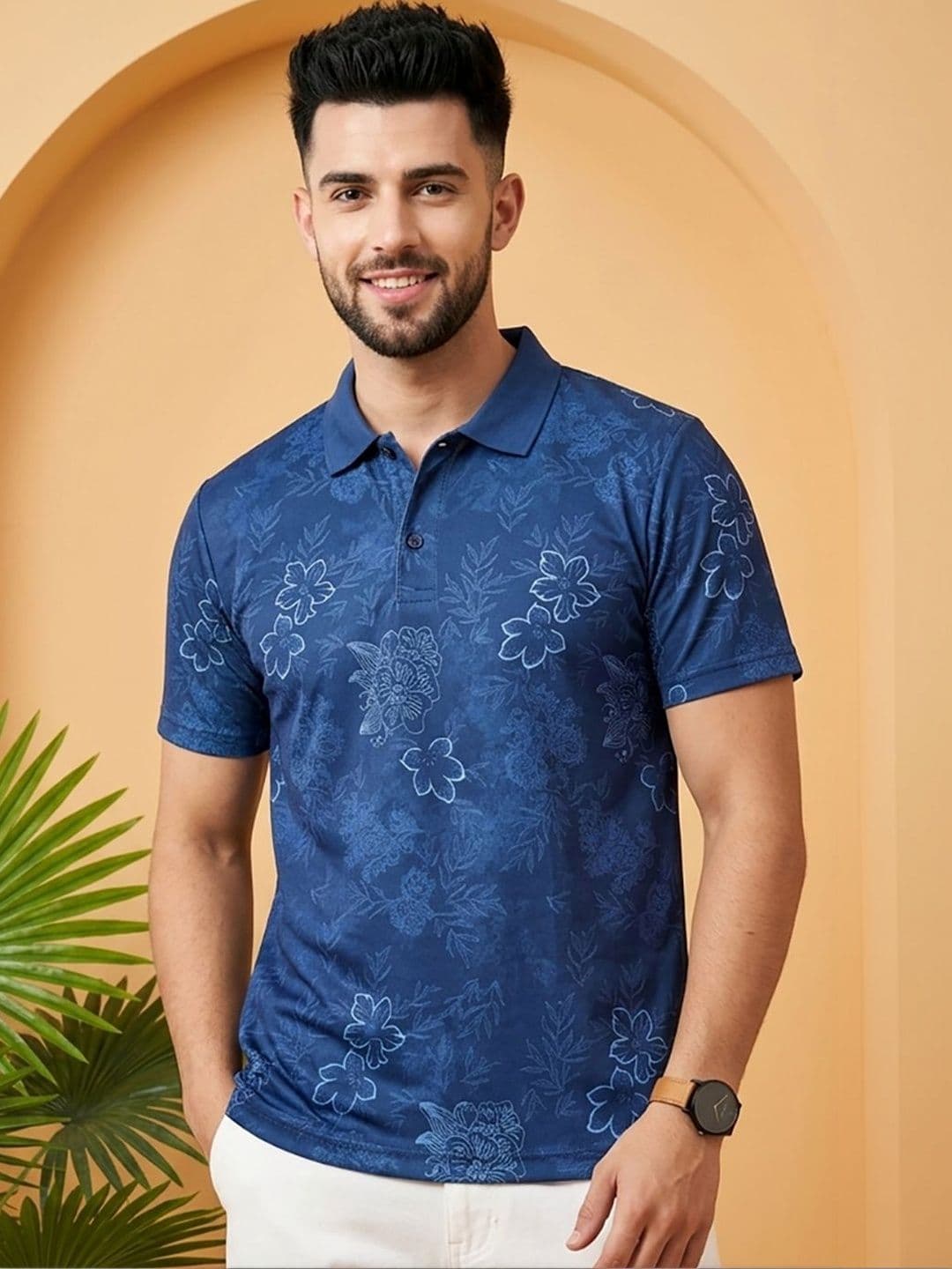 Kook N Keech Men Floral Printed Polo Collar Tropical T-shirt - view 1