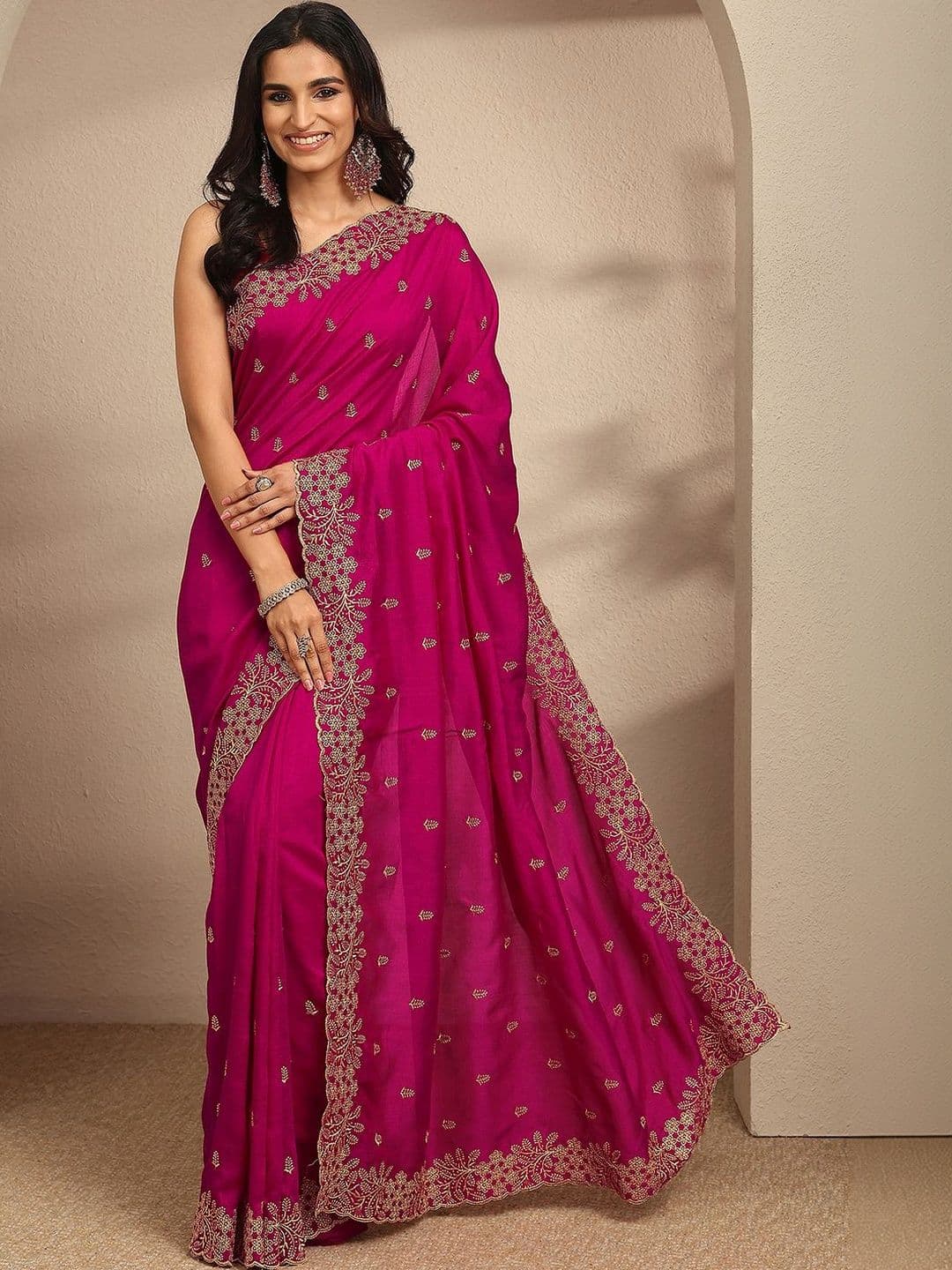 Libas Pink floral zari embroidered saree with zari embellished border and a blouse piece - view 1