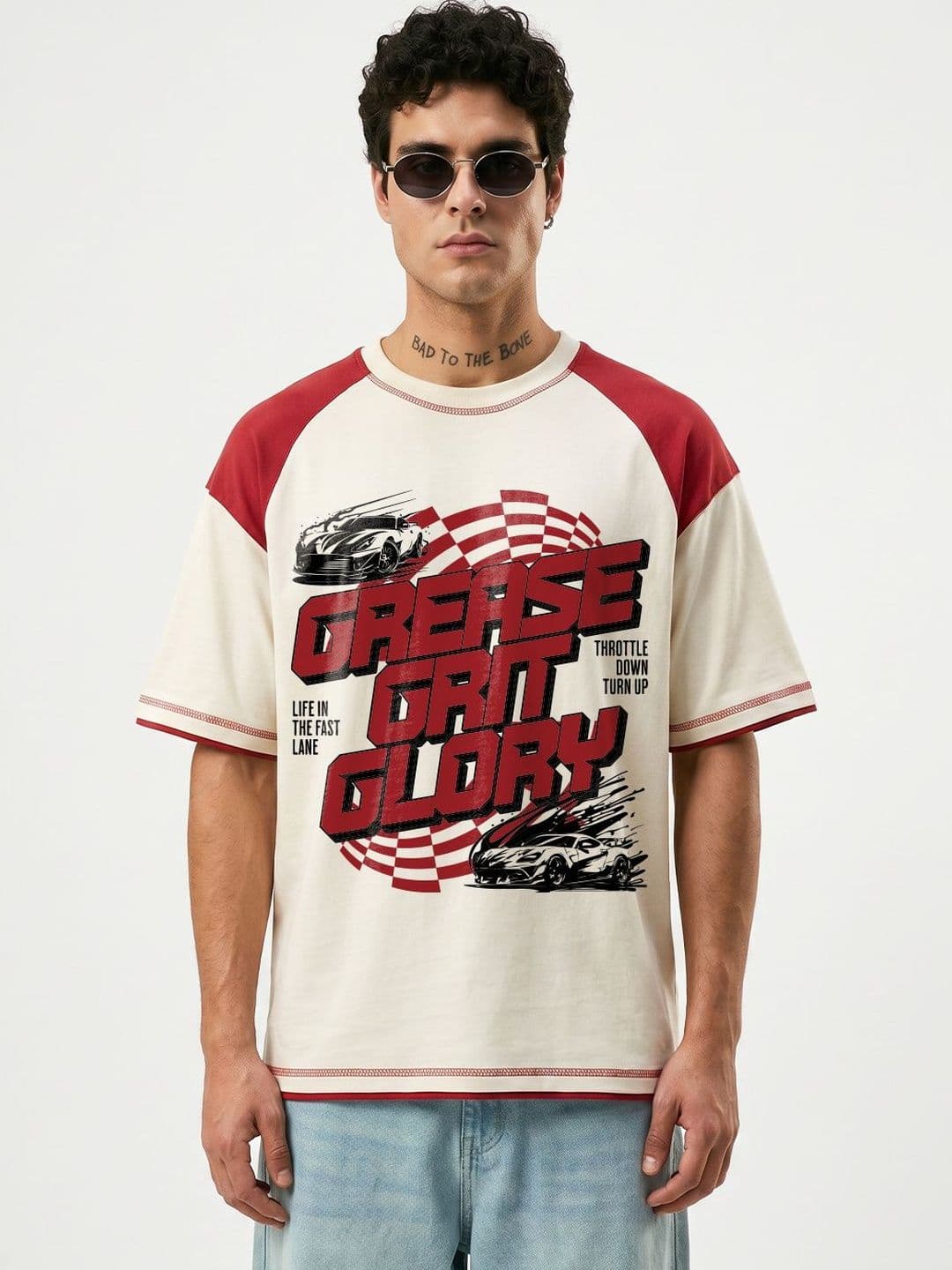 Crazymonk Men Life The Fast Lane Off White Red Printed Oversized Fit T-shirt - view 1