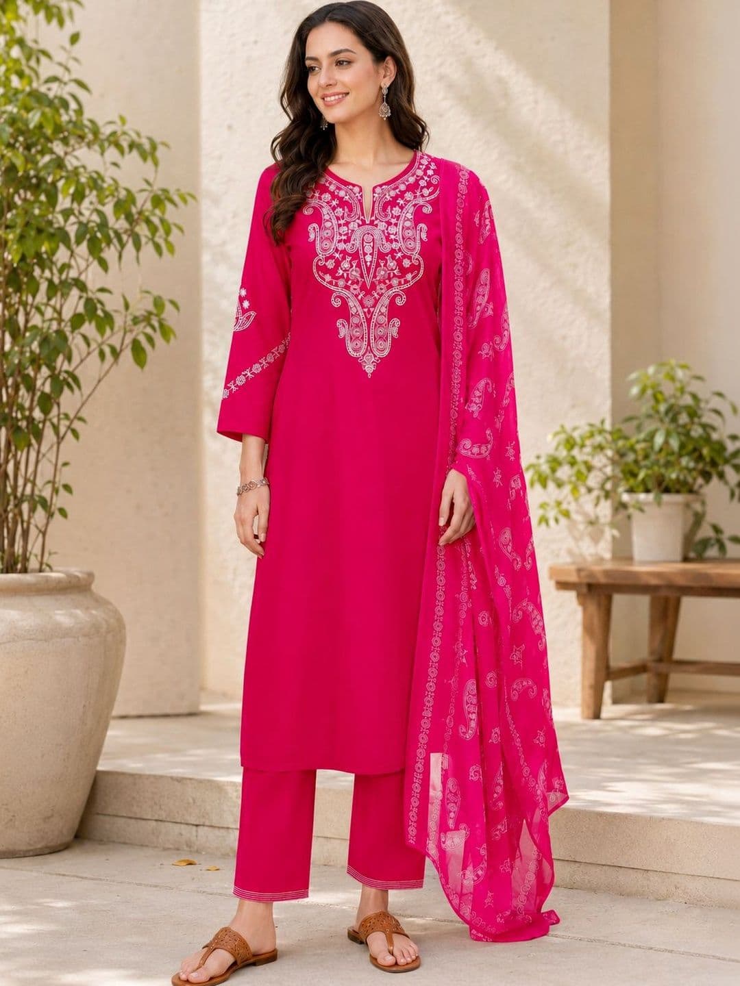 Nayam By Lakshita Women Ethnic Motifs Embroidered Regular Thread Work Pure Cotton Kurta with Trousers & With - view 1