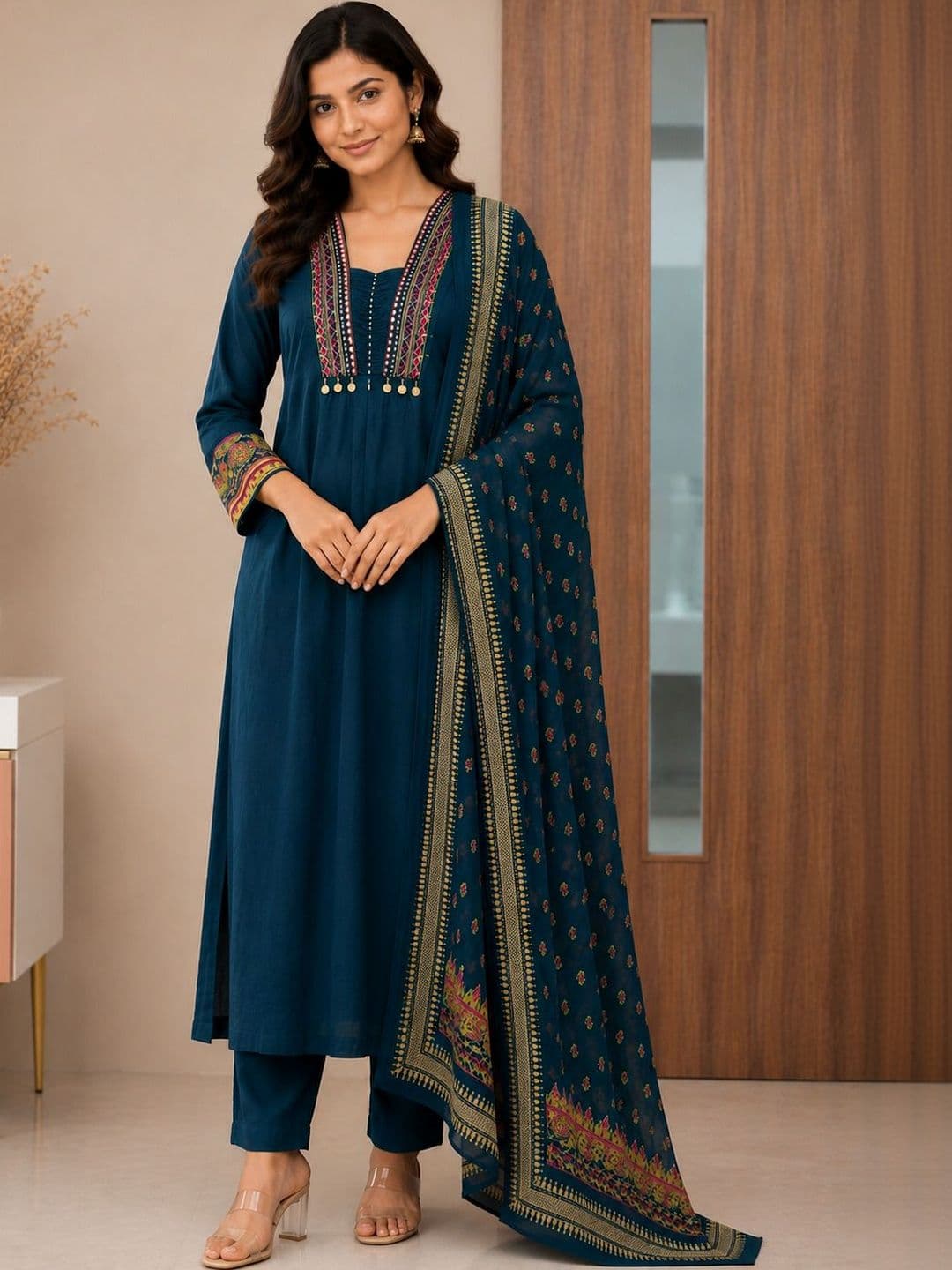 Sangria Women Ethnic Motifs Embroidered Regular Thread Work Pure Cotton Kurta with Trousers & With Dupatta - view 1