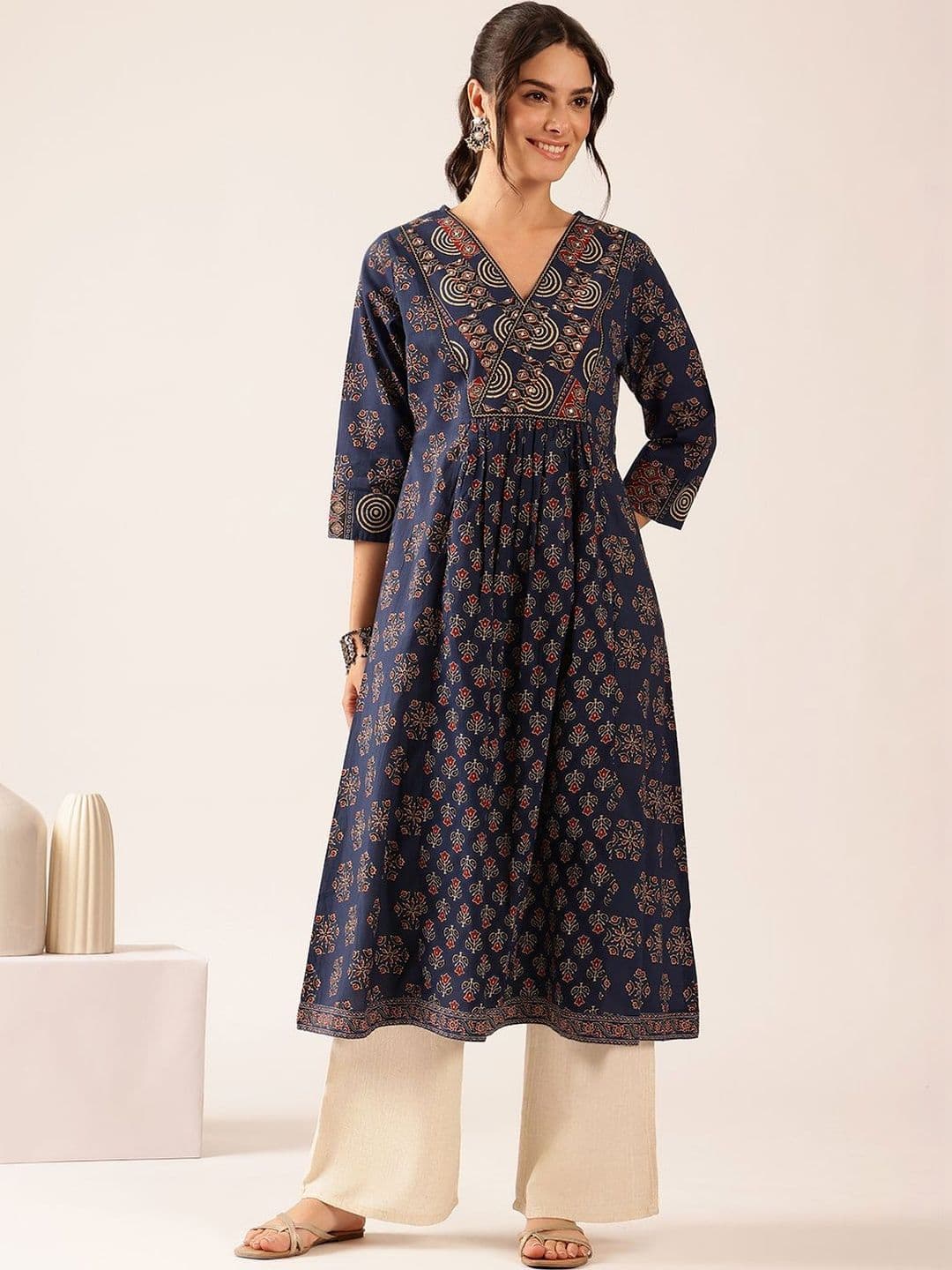 Vbuyz Womens Navy Blue Floral Printed A-Line Cotton Flared Kurta - view 1