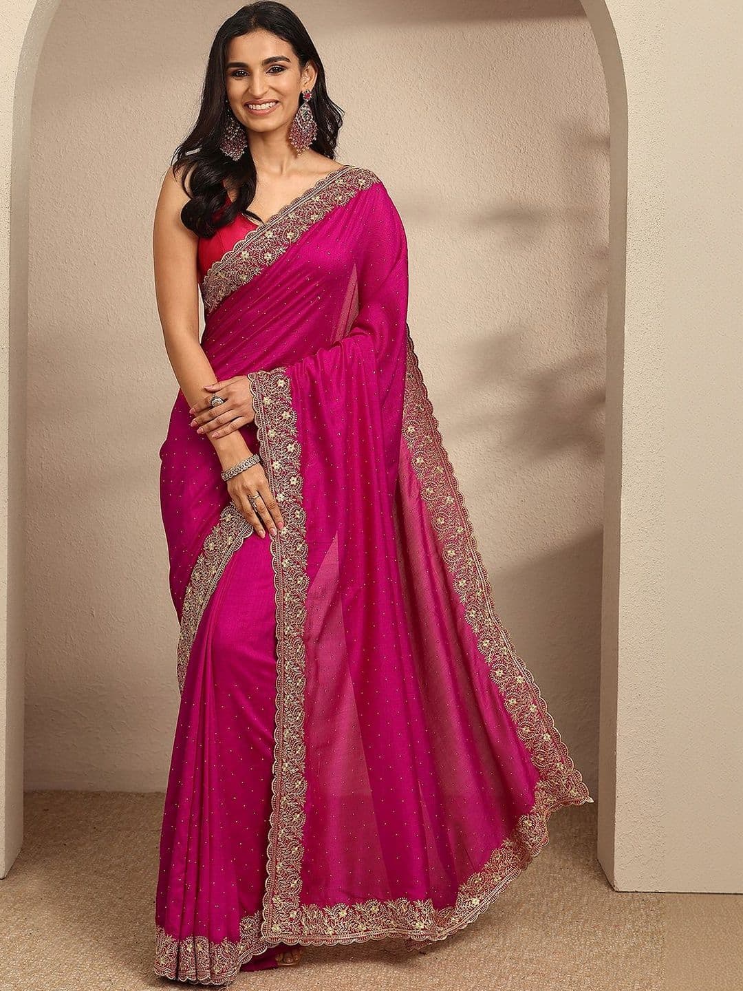 Libas Pink beads embellished saree with zari embellished border and a blouse piece - view 1