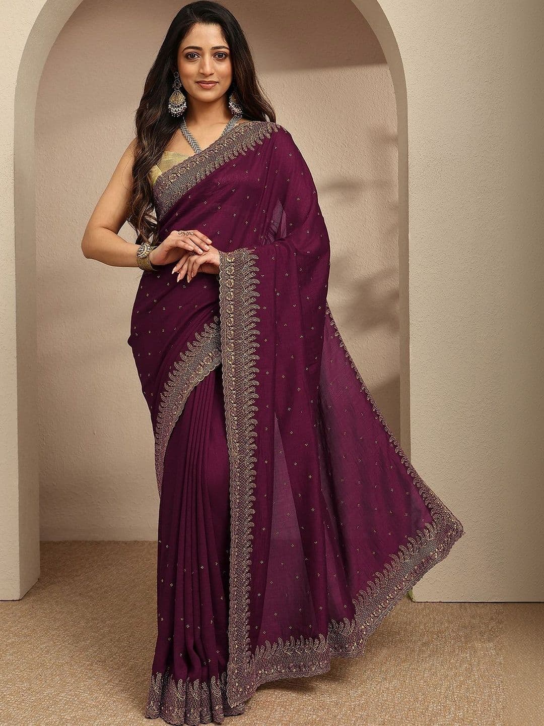 Libas Maroon beads embellished saree with zari embellished border and a blouse piece - view 1