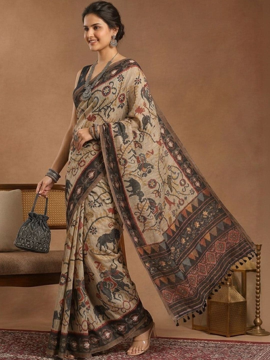 AANVI Ethnic Motifs Silk Blend Handloom Block Print Saree - view 1