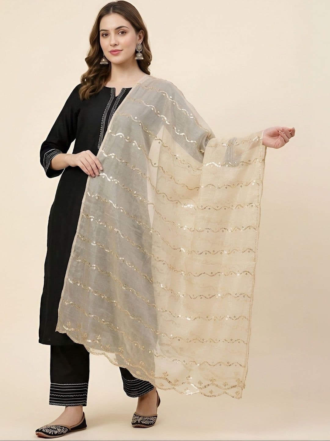 MUFFLY Ethnic Motifs Woven Design Leheriya Dupatta with Sequinned - view 1