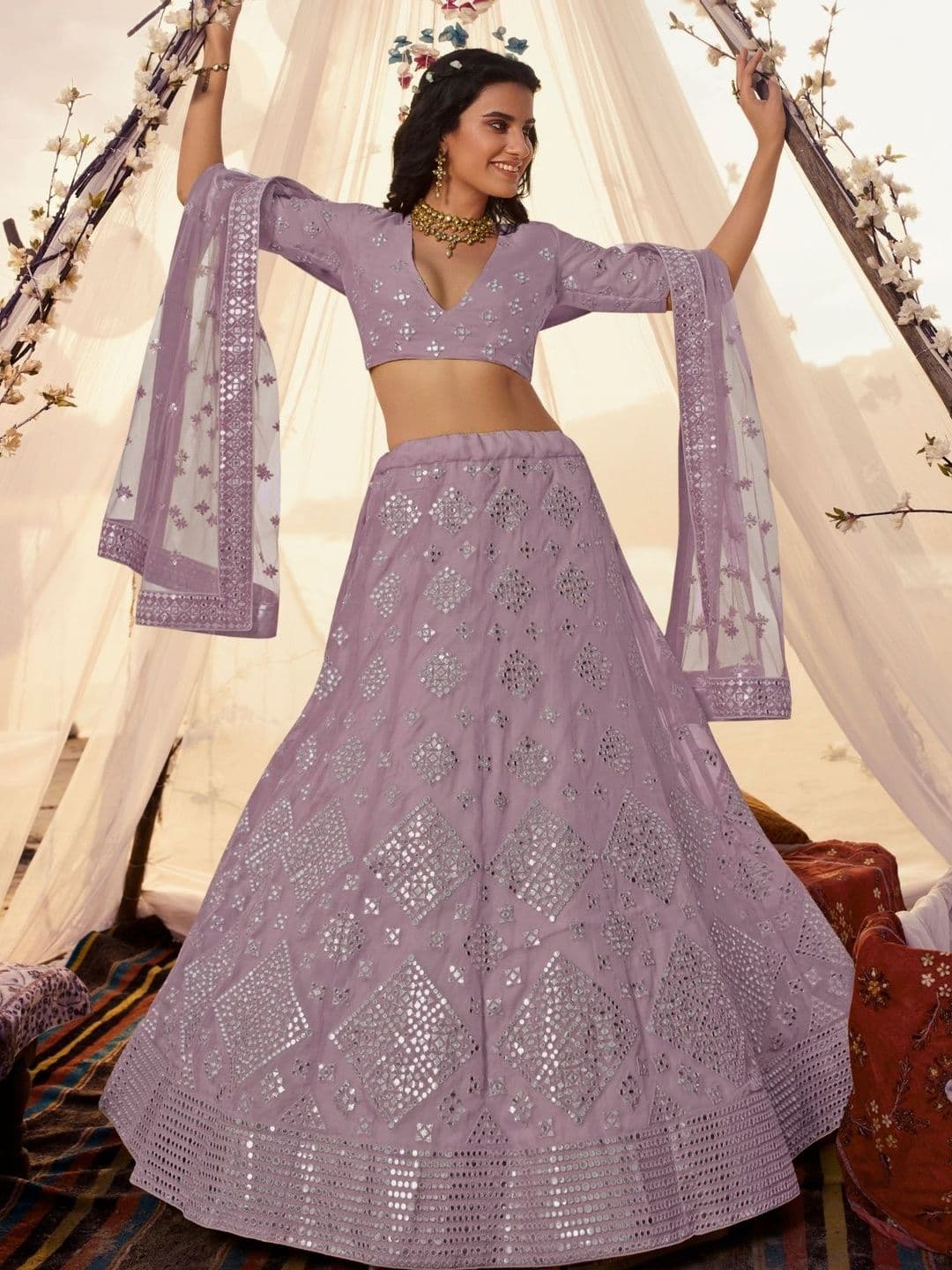 Fusionic Embellished Mirror Work Foil Print Semi-Stitched Lehenga & Blouse With Dupatta - view 1