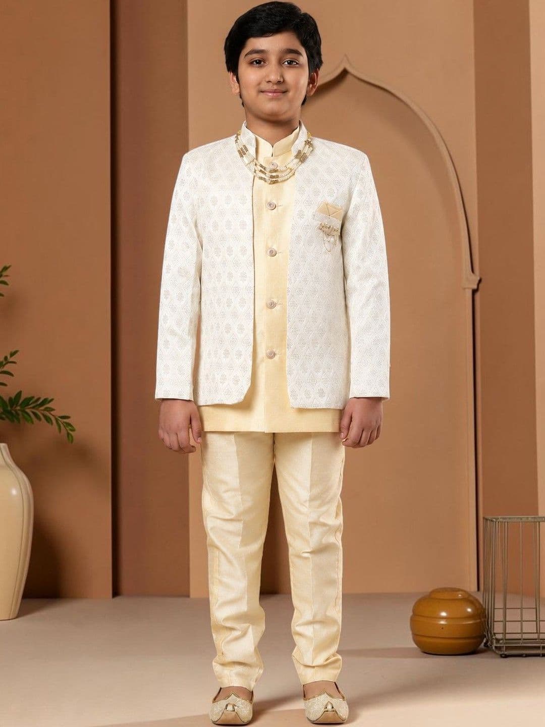 KALINI Boys Self Design Mandarin Collar Sherwani