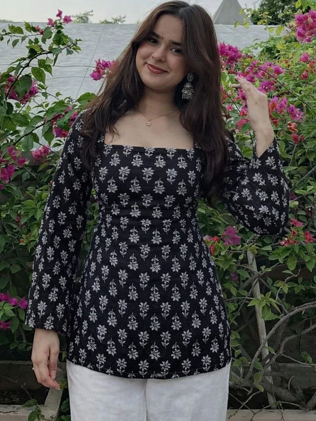 KALINI Floral Printed Square Neck Flared Sleeves Kurti - view 1