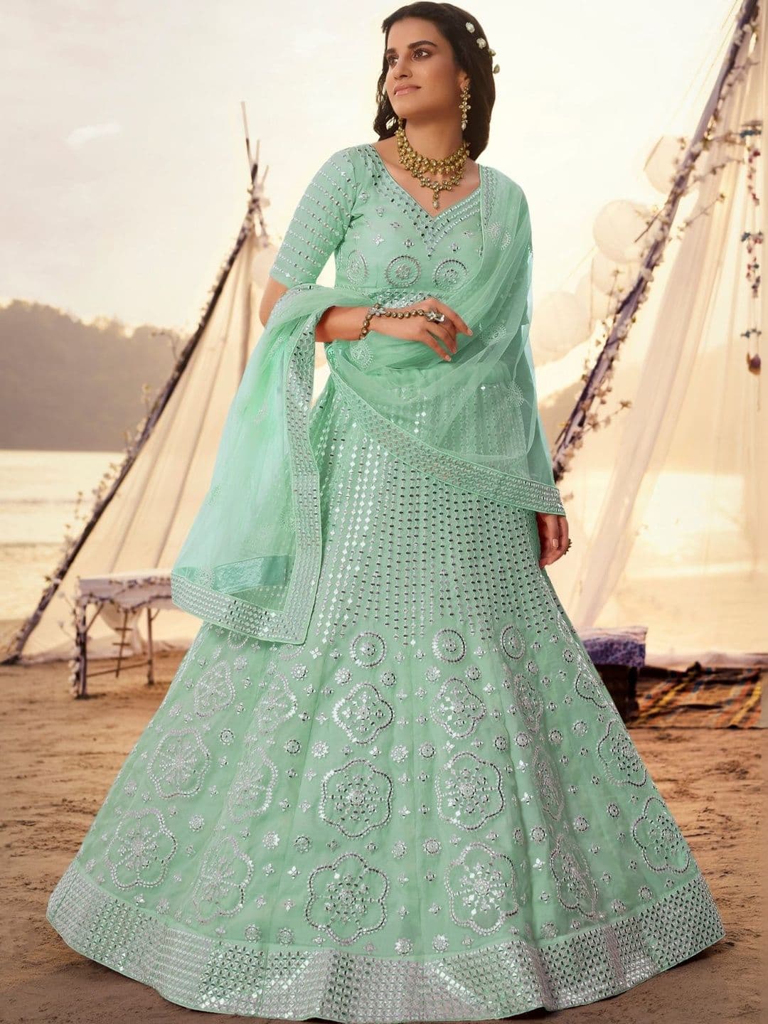 Fusionic Embellished Mirror Work Semi-Stitched Lehenga & Blouse With Dupatta - view 1