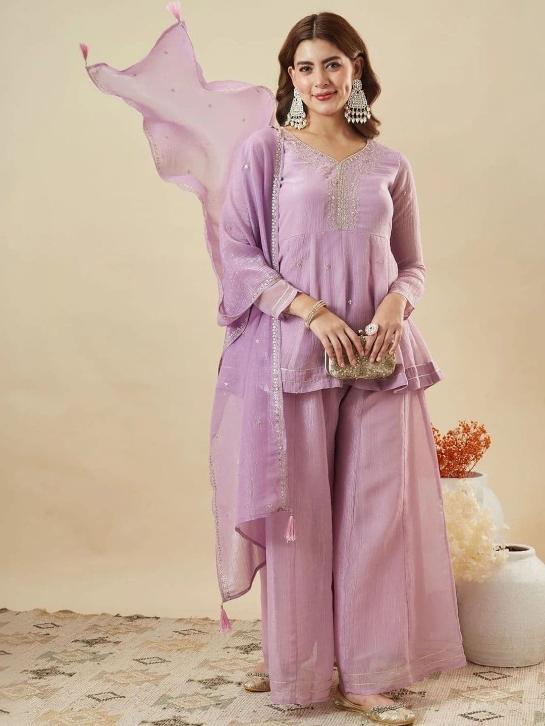KALINI Women Ethnic Motifs Embroidered Empire Thread Work Pure Cotton Kurti with Palazzos & With Dupatta - view 1