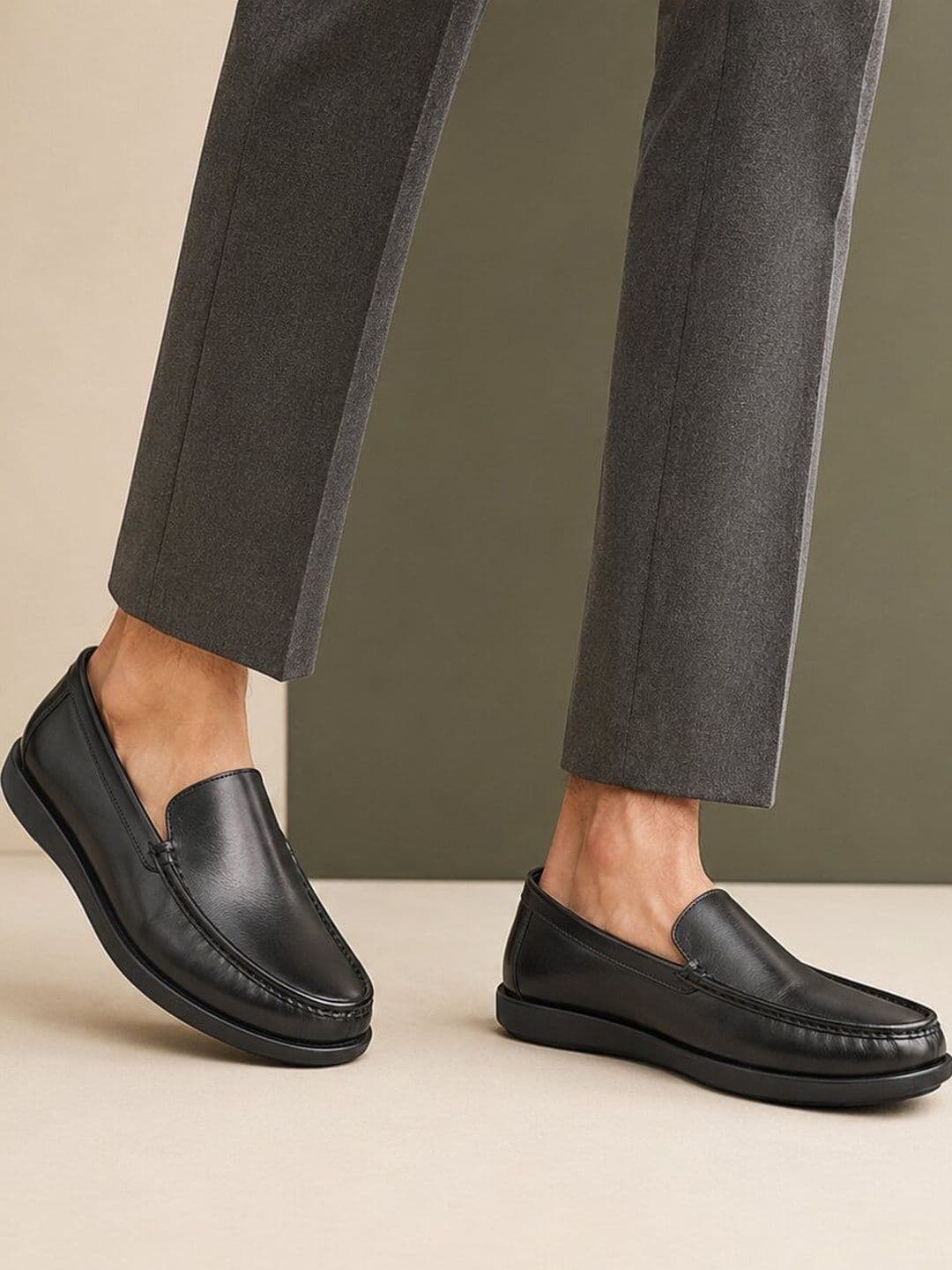 San Frissco Men Black Solid Leather Slip-On Loafers comfort Anti-Slip Office Wear Shoes - view 1